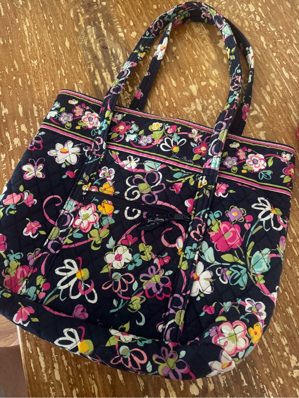 Vera Bradley Navy Quilted Floral Tote with Pink & Green Accents